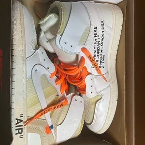 Off-White x Nike White and Orange Air Jordan 1 Styled Sneakers